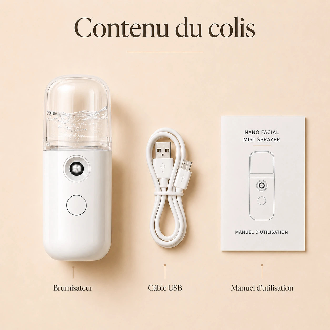 Contenu du colis du brumisateur avec câble USB et manuel d’utilisation
